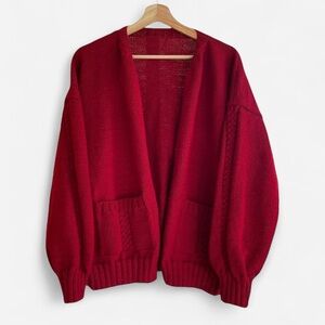 Vintage Handmade Deep Red Acrylic Knit Open Front Granny Cardigan Sweater